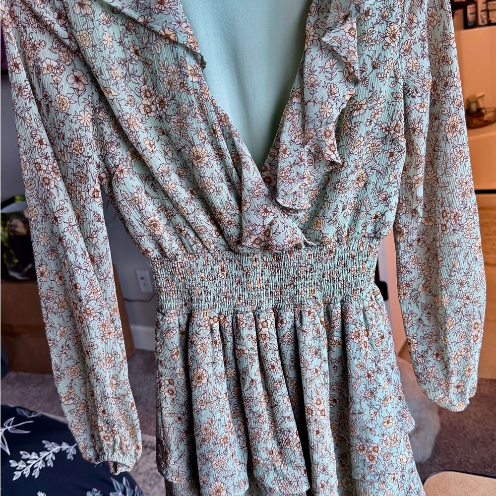 Altar'd State Floral Ruffle Dress in Blue and Brown